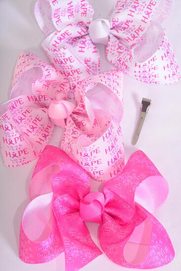 Hair Bow Jumbo Pink Ribbon Hope Love Cure Grosgrain Bow-tie / 12 pcs Bow = Dozen Alligator Clip , Size - 6" x 5 Wide , 4 White , 4 Baby Pink , 4 Hot Pink Color Asst , Clip Strip & UPC Code