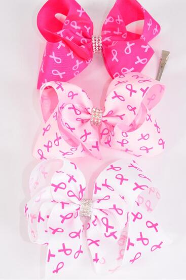 Hair Bow Jumbo Pink Ribbon Grosgrain Bow-tie / 12 pcs Bow = Dozen Alligator Clip , Size - 6" x 5" Wide , 4 White , 4 Pink , 4 Fuchsia Color Asst , Clip Strip & UPC Code