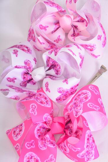 Hair Bow Jumbo Pink Ribbon Grosgrain Bow-tie / 12 pcs Bow = Dozen Alligator Clip , Size - 6" x 5 Wide , 4 White , 4 Baby Pink , 4 Hot Pink Color Asst , Clip Strip & UPC Code