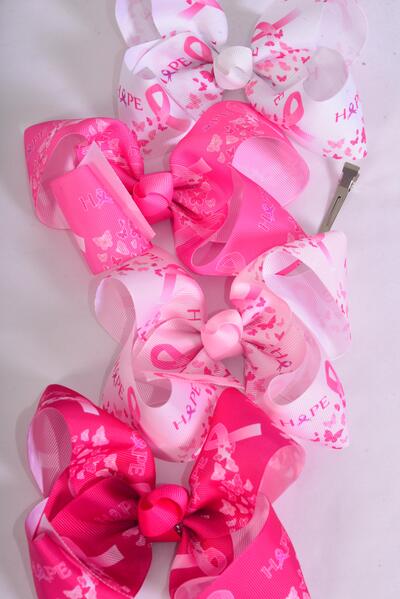 Hair Bow Jumbo Pink Ribbon Hope Grosgrain Bow-tie / 12 pcs Bow = Dozen Alligator Clip , Size - 6" x 5 Wide , 3 White , 3 Baby Pink , 3 Hot Pink , 3 Fuchsia Color Asst , Clip Strip & UPC Code