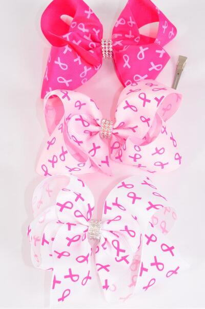 Hair Bow Jumbo Pink Ribbon Grosgrain Bow-tie / 12 pcs Bow = Dozen Alligator Clip , Size - 6" x 5" Wide , 4 White , 4 Pink , 4 Fuchsia Color Asst , Clip Strip & UPC Code