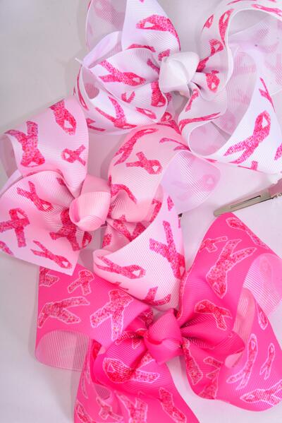 Hair Bow Jumbo Pink Ribbon Grosgrain Bow-tie / 12 pcs Bow = Dozen Alligator Clip , Size - 6" x 5 Wide , 4 White , 4 Baby Pink , 4 Hot Pink Color Asst , Clip Strip & UPC Code