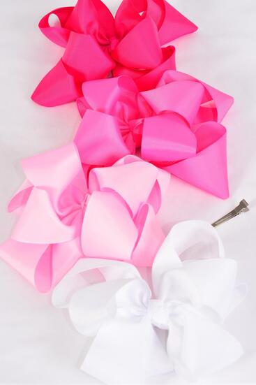 Hair Bow Jumbo Double Layered Pink Mix Grosgrain Bow-tie Pink Mix / 12 pcs = Doze Alligator Clip , Size - 6" x 6" , 3 Of each Color Mix , Clip Strip & UPC Code