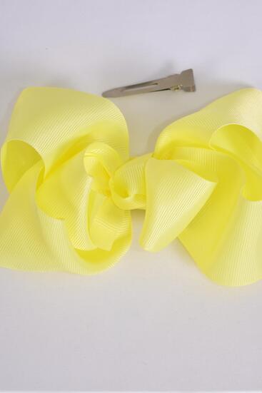 Hair Bow Jumbo Double Layered Grosgrain Bow-tie Baby Yellow / 12 pcs Bow = Dozen  Baby Yellow , Alligator Clip , Size - 6" x 5" Wide , Clip Strip & UPC Code