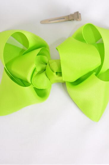 Hair Bow Jumbo Double Layered Lime Green Grosgrain Bow-tie / 12 pcs Bow = Dozen Lime , Alligator Clip , Size - 6" x 5" Wide , Clip Strip & UPC Code