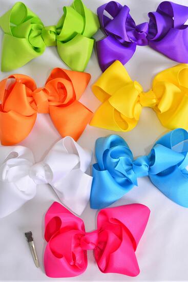 Hair Bow Jumbo Double Layered Grosgrain Bow-tie Citrus / 12 pcs Bow = Dozen Alligator Clip , Size - 6" x 5" Wide ,  2 Fuchsia , 2 Blue , 2 Yellow , 2 Purple , 2 White , 1 Lime , 1 Orange Color Asst , Clip Strip and UPC Code
