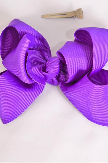 Hair Bow Jumbo Double Layered Purple Grosgrain Bow-tie / 12 pcs Bow = Dozen Purple , Alligator Clip , Size - 6" x 5" Wide , Clip Strip & UPC Code