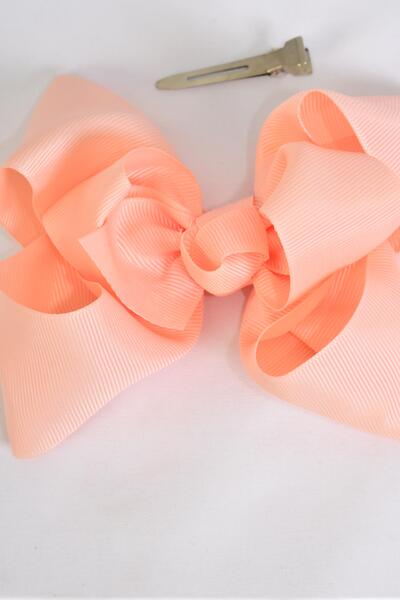 Hair Bow Jumbo Double Layered Grosgrain Bow-tie Peach / 12 pcs Bow = Dozen Peach , Alligator Clip , Size - 6" x 5" Wide , Clip Strip & UPC Code