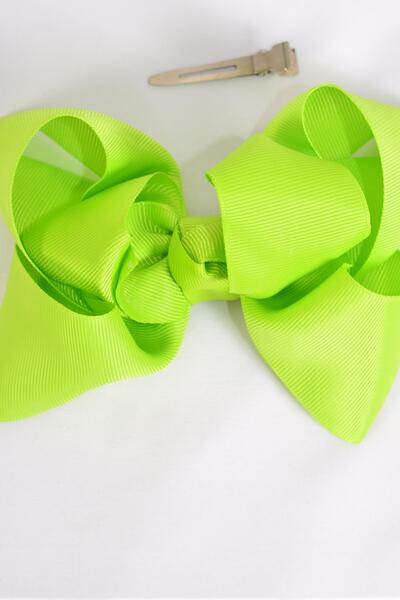 Hair Bow Jumbo Double Layered Lime Green Grosgrain Bow-tie / 12 pcs Bow = Dozen Lime , Alligator Clip , Size - 6" x 5" Wide , Clip Strip & UPC Code