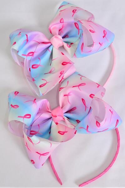 Headband Horseshoe Jumbo Pink Ribbon Tiedye Gradient Grosgrain Bow-tie / 12 pcs = Dozen  Bow Size - 6" x 5" Wide , 6 Of each Pattern Asst , Hang Tag & UPC Code , Clear Box