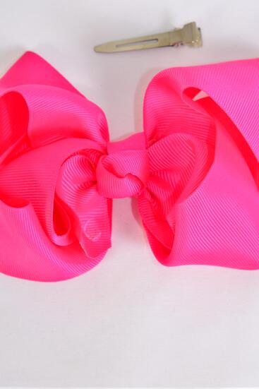 Hair Bow Jumbo Double Layered Fuchsias Grosgrain Bow-tie / 12 pcs Bow = Dozen Fuchsia , Alligator Clip , Size - 6" x 5" Wide , Clip Strip & UPC Code