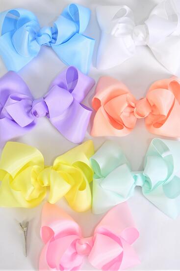 Hair Bow Jumbo Double Layered Grosgrain Bow-tie Pastel  / 12 pcs Bow = Dozen Pastel , Alligator Clip , Size - 6" x 5", 2 White , 2 Pink , 2 Lavender , 2 Blue , 2 Yellow , 1 Peach , 1 Mint Color Asst , Clip Strip and UPC Code