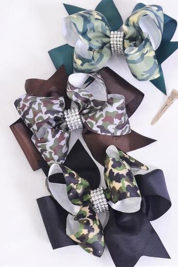 Hair Bow Jumbo Double Layered Camouflage Mix Grosgrain Bow-tie / 12 pcs = Dozen Camo , Alligator Clip , Size - 6" x 5" Wide , 4 of each Pattern Aast , Clip Strip & UPC Code
