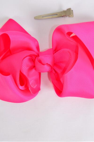 Hair Bow Jumbo Double Layered Fuchsias Grosgrain Bow-tie / 12 pcs Bow = Dozen Fuchsia , Alligator Clip , Size - 6" x 5" Wide , Clip Strip & UPC Code