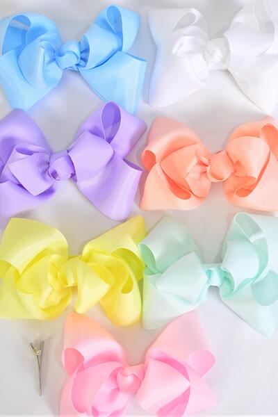 Hair Bow Jumbo Double Layered Grosgrain Bow-tie Pastel  / 12 pcs Bow = Dozen Pastel , Alligator Clip , Size - 6" x 5", 2 White , 2 Pink , 2 Lavender , 2 Blue , 2 Yellow , 1 Peach , 1 Mint Color Asst , Clip Strip and UPC Code
