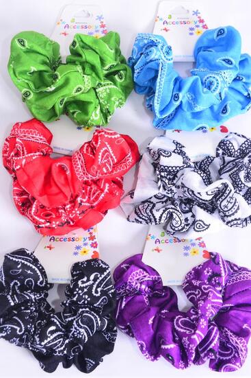 Scrunchies 24 pcs Cotton Stretch Bandana Paisley Pattern Mix / 24 pcs = Dozen Multi , Stretch , 2 Of each Pattern Asst , Hang Tag & OPP Bag & UPC Code                                        -