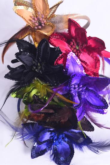 Headband Horseshoe Satin Sequin Flower w Feathers Dark Multi / 12 pcs = Dozen Flower - 5" Wide , 2 Black , 2 Brown , 2 Navy , 2 Burgundy , 2 Purple , 1 Green , 1 Camel Color Asst , Hang tag & UPC Code , W Clear Box