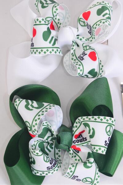 Hair Bow Jumbo Double Layered Girl Scouts Grosgrain Bow-tie / 12 pcs Bow = Dozen Girl Scout , Alligator Clip , Size - 6" x 5" Wide , 6 Green , 6 White Color Asst , Clip Strip & UPC Code