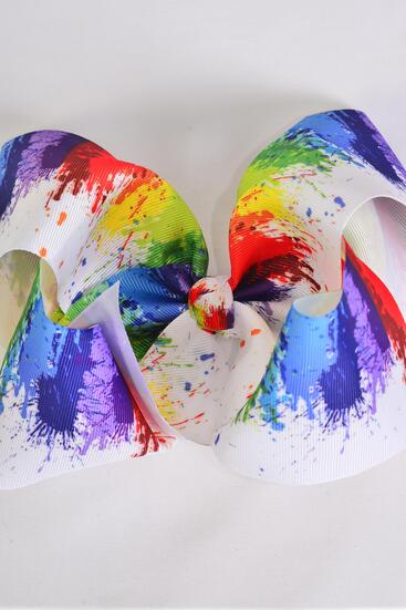 Hair Bow Jumbo White Paint Splatter Grosgrain Bow-tie / 12 pcs Bow = Dozen Alligator Clip , Size - 6" x 5" Wide , Clip Strip & UPC Code