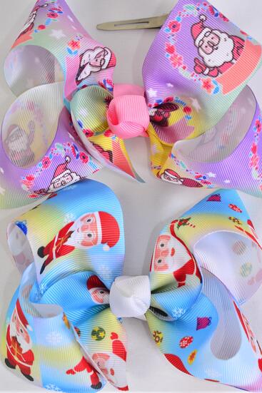 Hair Bow Jumbo Penguin Santa Snow Day Mix Grosgrain Bow-tie / 12 pcs Bow = Dozen Alligator Clip , Size - 6" x 5" Wide , 6 Of Each Pattern Asst , Clip Strip & UPC Code