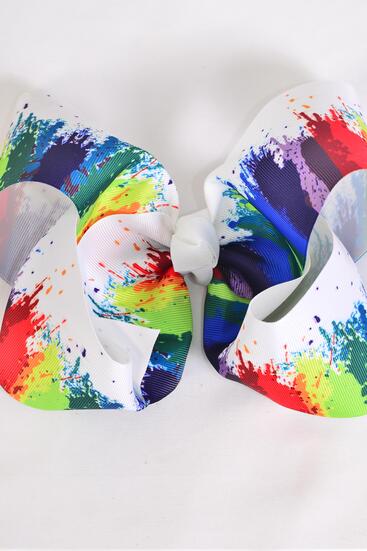 Hair Bow Jumbo White Paint Splatter Grosgrain Bow-tie / 12 pcs Bow = Dozen Alligator Clip , Size - 6" x 5" Wide , Clip Strip & UPC Code