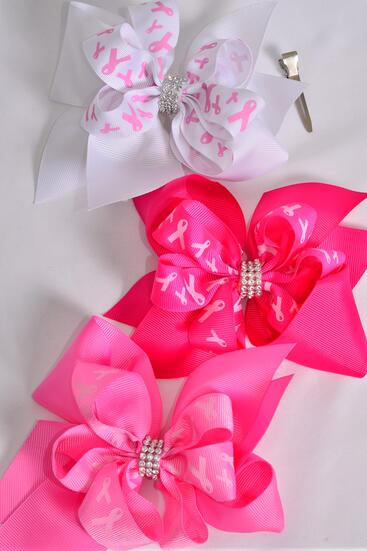 Hair Bow Jumbo Double Layered Pink Ribbon Grosgrain Bow-tie / 12 pcs Bow = Dozen  Alligator Clip , Size - 6" x 5 Wide , 3 White , 3 Baby Pink , 3 Hot Pink , 3 Fuchsia Color Asst , Clip Strip & UPC Code