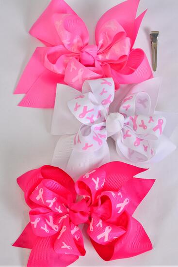 Hair Bow Jumbo Double Layered Pink Ribbon Grosgrain Bow-tie / 12 pcs Bow = Dozen Alligator Clip , Size - 6" x 5 Wide , 3 White , 3 Baby Pink , 3 Hot Pink , 3 Fuchsia Color Asst , Clip Strip & UPC Code