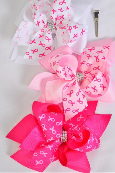 Hair Bow Jumbo Double Layered Pink Ribbon Grosgrain Bow-tie / 12 pcs Bow = Dozen Alligator Clip , Size - 6" x 5" Wide , 4 of each Pattern Asst , Clip Strip & UPC Code