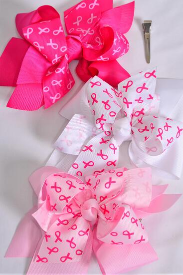 Hair Bow Jumbo Double Layered Pink Ribbon Grosgrain Bow-tie / 12 pcs Bow = Dozen Alligator Clip , Size - 6" x 5" Wide , 4 of each Pattern Asst , Clip Strip & UPC Code