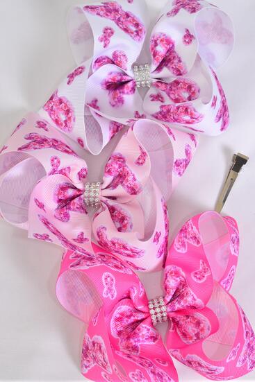 Hair Bow Jumbo Pink Ribbon Grosgrain Bow-tie / 12 pcs Bow = Dozen Alligator Clip , Size - 6" x 5 Wide , 4 White , 4 Baby Pink , 4 Hot Pink Color Asst , Clip Strip & UPC Code