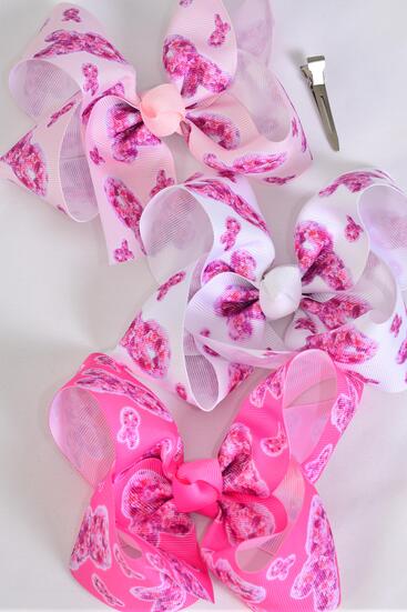 Hair Bow Jumbo Pink Ribbon Grosgrain Bow-tie / 12 pcs Bow = Dozen Alligator Clip , Size - 6" x 5 Wide , 4 White , 4 Baby Pink , 4 Hot Pink Color Asst , Clip Strip & UPC Code