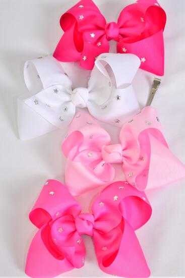 Hair Bow Jumbo Studded Iridescent Stars Pink Mix Grosgrain Bow-tie / 12 pcs Bowe = Dozen Pink Mix , Alligator Clip , Size - 6" x 5" Wide , 3 White , 3 Baby Pink , 3 Hot Pink , 3 Fuchsia Color Asst , Clip Strip & UPC Code
