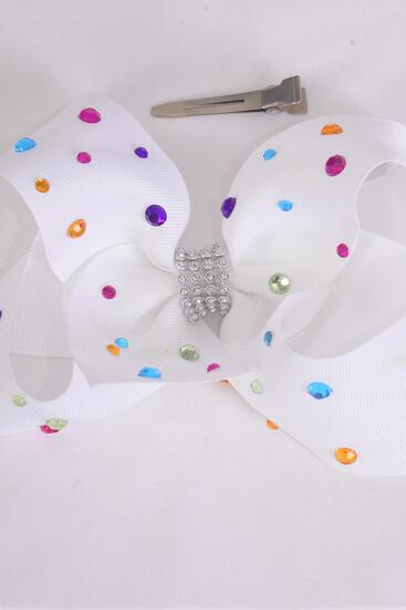Hair Bow Jumbo Studded Color Stones Grosgrain Bow-tie White / 12 pcs Bow = Dozen White , Alligator Clip , Size - 6" x 5" Wide , Clip Strip & UPC Code
