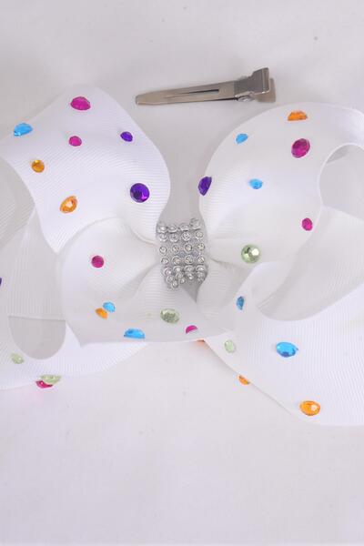 Hair Bow Jumbo Studded Color Stones Grosgrain Bow-tie White / 12 pcs Bow = Dozen White , Alligator Clip , Size - 6" x 5" Wide , Clip Strip & UPC Code