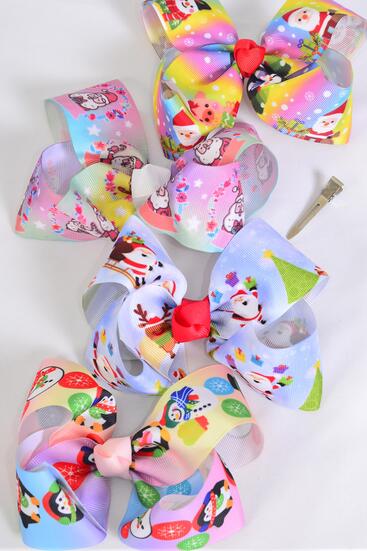 Hair Bow Jumbo Happy Santa Christmas Tree Asst Grosgrain Bow-tie / 12 pcs Bow = Dozen Alligator Clip , Size - 6" x 5" Wide , 3 Of Each Pattern Asst , Clip Strip & UPC Code