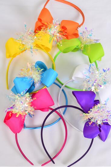 Headband Horseshoe Iridescent Grosgrain Bow-tie Citrus / 12 pcs = Dozen  Bow - 6" x 5" Wide , 2 White , 2 Fuchsia , 2 Purple , 2 Turquoise , 2 Yellow , 1 Lime , 1 Orange Color Asst , Hang Tag & OPP Bag & UPC Code