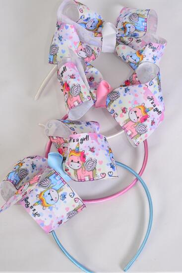 Headband Horseshoe Jumbo Cute Baby Unicorn Grosgrain Bow-tie / 12 pcs = Dozen Bow Size - 6" x 5" Wide ,  Hang Tag & OPP Bag & UPC Code