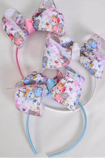 Headband Horseshoe Jumbo Cute Baby Unicorn Grosgrain Bow-tie / 12 pcs = Dozen Bow Size - 6" x 5" Wide ,  Hang Tag & OPP Bag & UPC Code