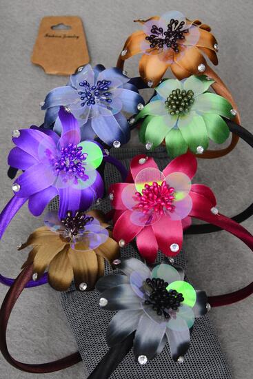 Headband Horseshoe Gradient Iridescent Flower Multi / 12 pcs = Dozen Flower Size - 3.5" , 2 Navy , 2 Black , 2 Burgundy , 2 Brown , 2 Purple , 1 Camel , 1 Green Color Asst , Hang Tag & UPC Code , W Clear Box