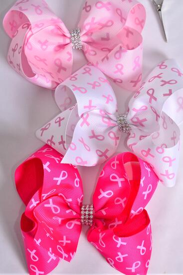 Hair Bow Jumbo Pink Ribbon Grosgrain Bow-tie / 12 pcs Bow = Dozen Alligator Clip , Size - 6" x 5" Wide , 4 White , 4 Pink , 4 Fuchsia Color Asst , Clip Strip & UPC Code