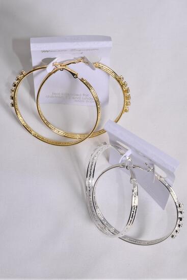 Earrings Metal Hoop Clear Rhinestones Gold Silver Mix Post / 12 pair = Dozen Post , Size - 2.25" Wide , 6 Gold , 6 Silver Color Mix , Earring Card & OPP Bag & UPC Code 