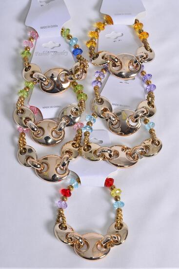 Bracelet Gold Chain Acrylic Beads Stretch Multi / 12 pcs = Dozen Stretch , 2 Multi , 2 Purple , 2 Pink , 2 Blue , 2 Orange , 1 Lime , 1 Yellow Color Asst , Hang Tag & OPP bag & UPC Code