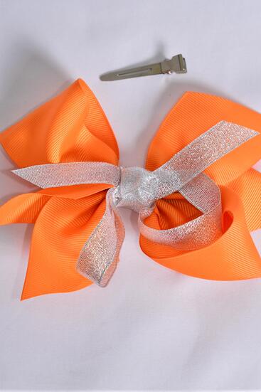 Hair Bow Jumbo Center Silver Metallic Bowtie Orange Grosgrain Bow-tie / 12 pcs Bow = Dozen Orange , Alligator Clip , Size - 6" x 5" Wide , Clip Strip & UPC Code