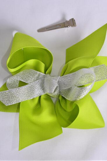 Hair Bow Jumbo Center Silver Metallic Bowtie Lime Grosgrain Bow-tie / 12 pcs Bow = Dozen Lime Green , Alligator Clip , Size - 6" x 5" Wide , Clip Strip & UPC Code