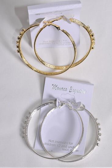 Earrings Metal Hoop Clear Rhinestones Post / 12 pair = Dozen  Post , Size - 2" Wide , Earring Card & OPP Bag & UPC Code , Choose Gold Or Silver Finishes