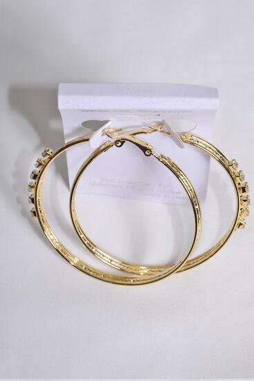 Earrings Metal Hoop Gold Clear Rhinestones / 12 pair = Dozen  Gold , Post , Size - 2" Wide , Earring Card & OPP bag & UPC Code