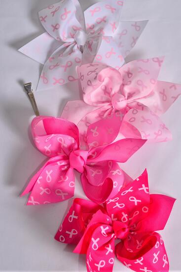 Hair Bow Jumbo Pink Ribbon Grosgrain Bow-tie / 12 pcs Bow = Dozen Alligator Clip , Size - 6" x 5 Wide , 3 White , 3 Baby Pink , 3 Hot Pink , 3 Fuchsia Color Asst , Clip Strip & UPC Code