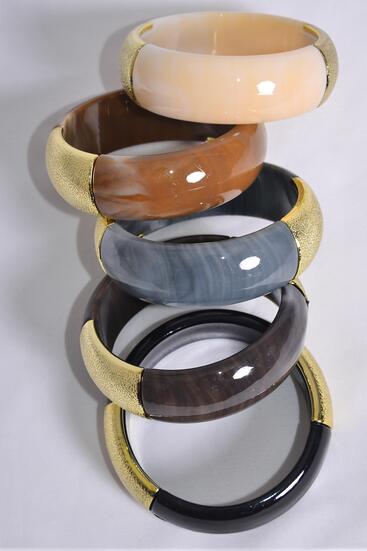 Bracelet Bangle Acrylic Marble Look Gold Trim Neutral Color Mix  / 12 pcs = Dozen Netural , Size - 2.75" x 1" Dia Wide , 4 Ivory , 2 Black , 2 Dark Brown , 2 Camel , 2 Gray Color Asst , Hang Tag & Opp bag & UPC Code 