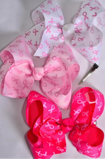 Hair Bow Jumbo Pink Ribbon Grosgrain Bow-tie / 12 pcs Bow = Dozen Alligator Clip , Size - 6" x 5" Wide , 4 White , 4 Pink , 4 Fuchsia Color Asst , Clip Strip & UPC Code