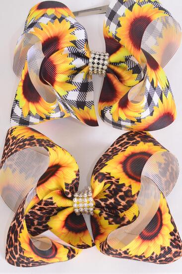 Hair Bow Jumbo Sunflower Plaid Leopard Mix Grosgrain Bow-tie / 12 pcs Bow = Dozen Sunflowe , Alligator Clip , Size - 6" x 5" Wide , 6 Of each Pattern Asst , Clip Strip and UPC Code